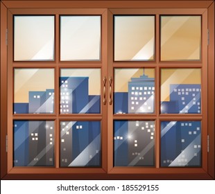 Illustration of a closed window overlooking the city buildings