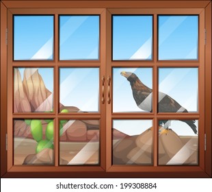 Illustration of a closed window with a view of the bird at the desert