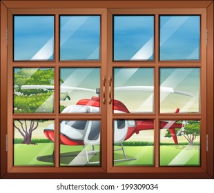 Illustration of a closed window with a view of the chopper outside