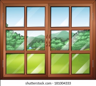 Illustration of a closed window with a view of the green surroundings