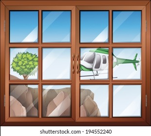 Illustration of a closed window with a view of the helicopter going to the cliff