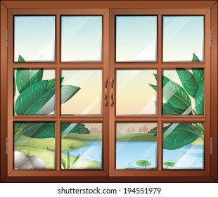 Illustration of a closed window with a view of the pond