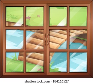 Illustration of a closed window with a view of the river with a bridge