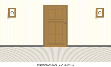 Illustration of a closed wooden door centered on a beige wall with framed pictures. The minimalist design creates a warm and neutral ambiance