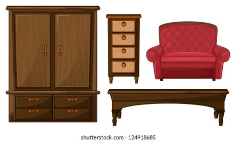 Illustration of a closet, drawer, table and a couch on a white background