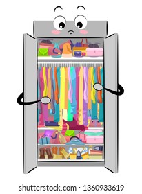 Illustration of a Closet Mascot Full of Clothes, Bags and Shoes for Organizing