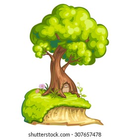 Illustration of a closeup tree with house for gnome