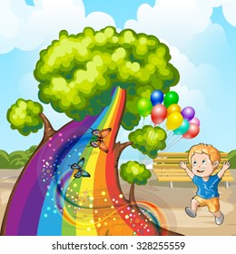 Illustration of a closeup tree with rainbow