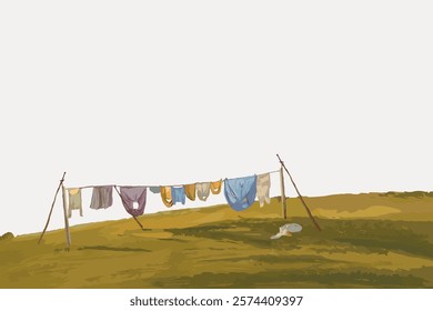 Illustration of clothes drying online infield. Clothesline with colorful garments. Outdoor drying, clothesline in nature, simple rural scene. Vintage art drawing illustration, painting art vector.