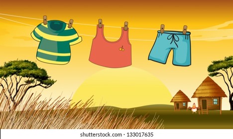 Illustration of the clothes hanging in the wire