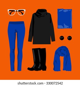 Illustration clothing set: a blue scarf, eyeglasses, black rubber boots, blue clutch, earrings, leggings, sweater. Stylish and trendy outfit.