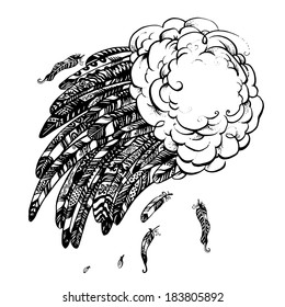 Illustration with cloud and black and white feathers in vintage ethnic tribal style. Vector abstract background for your design