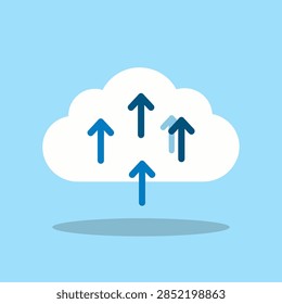 Illustration of cloud computing with arrows indicating data upload and transfer, representing cloud storage and digital data movement.
