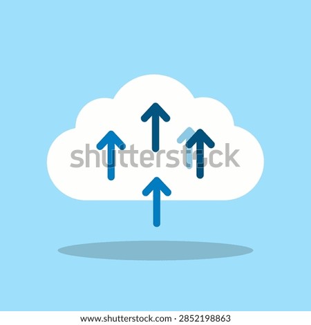 Illustration of cloud computing with arrows indicating data upload and transfer, representing cloud storage and digital data movement.