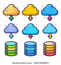 Illustration of cloud computing with colorful clouds connected to data storage servers, representing cloud technology and data management.