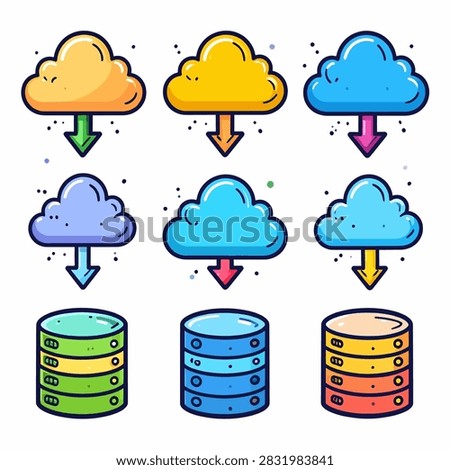 Illustration of cloud computing with colorful clouds connected to data storage servers, representing cloud technology and data management.