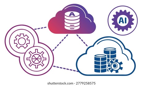 Illustration of cloud computing with data servers, gears, and artificial intelligence symbols representing modern digital technology.