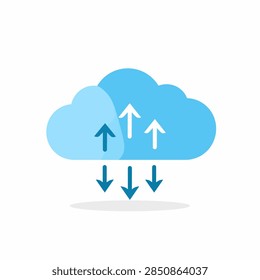 Illustration of cloud computing with data transfer arrows representing upload and download processes in cloud storage systems.