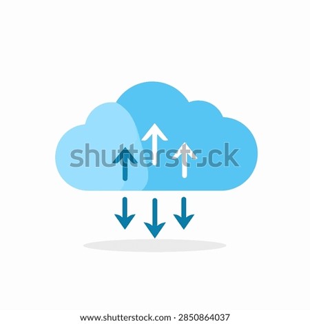 Illustration of cloud computing with data transfer arrows representing upload and download processes in cloud storage systems.