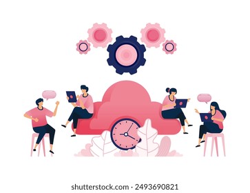 Illustration of cloud computing mechanisms with time management. Can be used for brochures, mobile startups, ads, flyers