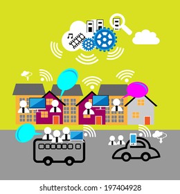 Illustration of Cloud Computing network. Represents different people connecting Cloud to upload and download files from cloud server using mobile, laptop and desktops from different locations