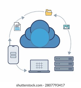 Illustration of cloud computing technology connecting multiple devices and data sources