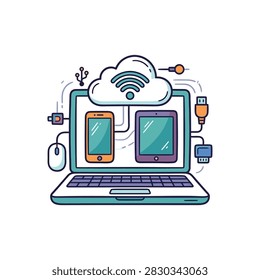 Illustration of cloud computing technology connecting a laptop smartphone and tablet via a wireless network and various devices
