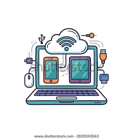 Illustration of cloud computing technology connecting a laptop smartphone and tablet via a wireless network and various devices