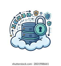 Illustration of cloud data security with a padlock on a database server protected by shields and arrows indicating data flow.