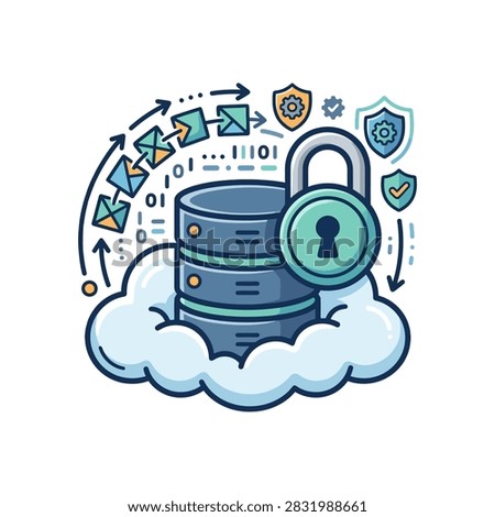 Illustration of cloud data security with a padlock on a database server protected by shields and arrows indicating data flow.
