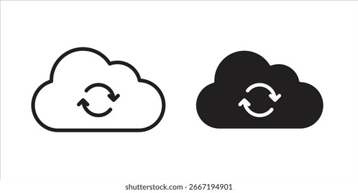 Ilustración de un icono de nube con flechas circulares, que simboliza la sincronización de datos o el almacenamiento en la nube. Disponible en blanco y negro.