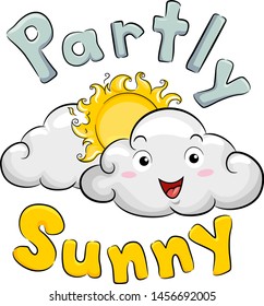 Illustration eines Wolkenmaskotts mit Sonne und Wolke dahinter und teilweise sonniges Schreiben