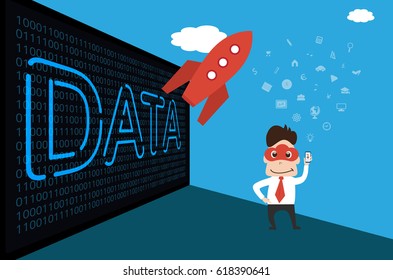 Illustration of cloud mask man and big data on binary background. Start up concept