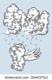 Illustration of cloud, rain droplets, and hand. Abstract art elements for divination, magic, mood, and weather symbolism. Hand-drawn art in engraving style. Ready to use modern graphic