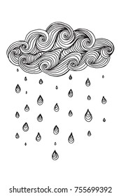 Illustration with cloud and rain drops. Black and white background. Black and white pattern in vector. Made by trace from sketch. Ink pen.  Zentangle patters. Doodle, henna