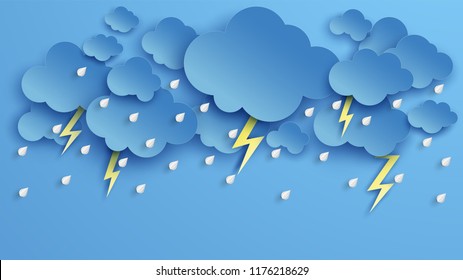 Illustration of Cloud and rain on blue background. heavy rain, rainy season, Overcast sky and lightning in the rainy season. paper cut and craft style. vector, illustration.