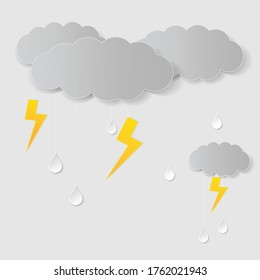 Ilustración de la nube y la lluvia sobre fondo azul. lluvias torrenciales, temporada de lluvias, cielo nublado y relámpagos en temporada de lluvias. corte de papel y estilo artesanal. vector, ilustración.