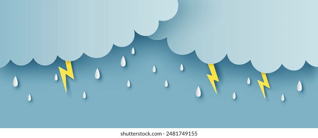 Illustration of Cloud and rain on blue background. heavy rain, rainy season, Overcast sky and lightning in the rainy season. paper cut and craft style. vector, illustration.