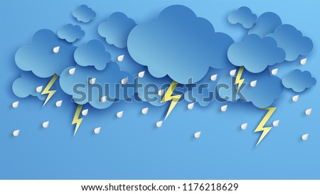 Illustration of Cloud and rain on blue background. heavy rain, rainy season, Overcast sky and lightning in the rainy season. paper cut and craft style. vector, illustration.