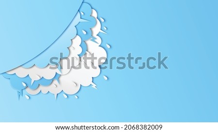 Illustration of Cloud and rain on blue background. heavy rain, rainy season, Overcast sky and lightning in the rainy season. paper cut and craft style. vector, illustration.