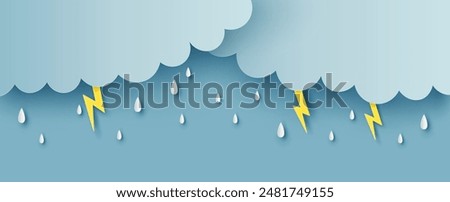 Illustration of Cloud and rain on blue background. heavy rain, rainy season, Overcast sky and lightning in the rainy season. paper cut and craft style. vector, illustration.