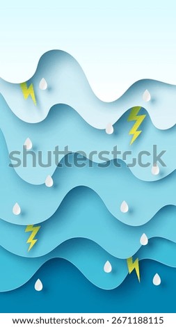 Illustration of Cloud and rain on blue background. heavy rain, rainy season, paper cut and craft style. vector, illustration.