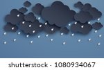 Illustration of Cloud and rain on dark background. heavy rain, rainy season, paper cut and craft style. vector, illustration.