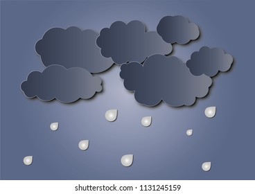 Illustration of Cloud and rain on dark background. heavy rain, rainy season, paper cut and craft style. vector, illustration.