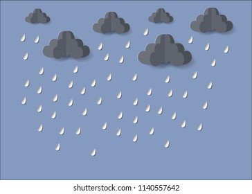 illustration of Cloud and rain on dark background. heavy rain, rainy season, paper cut and craft style. vector, illustration.