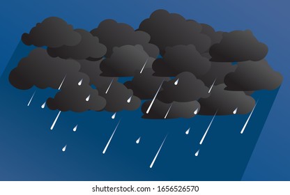 Illustration von Wolke und Regen auf dunklem Hintergrund. Heavy Regen Regen Saison Papier geschnitten und flach Stil. Vektorillustration.