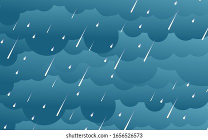 Ilustración de la nube y la lluvia sobre fondo oscuro. pesados trozos de papel de la temporada de lluvias y estilo plano. ilustración vectorial.