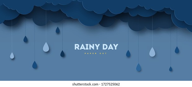 Illustration of Cloud and rain on dark background. heavy rain, rainy season, paper cut and craft style. vector, illustration.