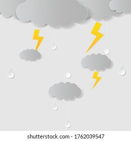 Ilustración de la nube y la lluvia en el fondo oscuro. temporada de lluvias torrenciales de papel cortado y estilo artesanal. ilustración vectorial.