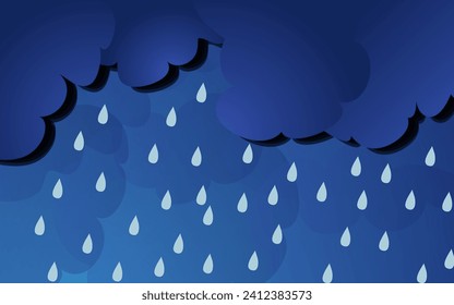 Illustration of Cloud and rain on dark background. heavy rain rainy season paper cut and flat style. vector illustration.